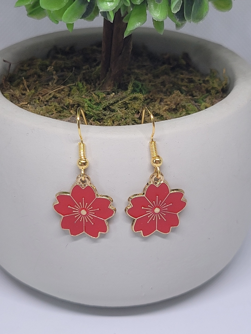 Gold-Tone Red Flower Drop Earrings - Women's Floral Dangle